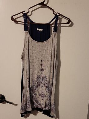 Maurices Light Gray Printed Scoop Tank with Navy Lace Straps